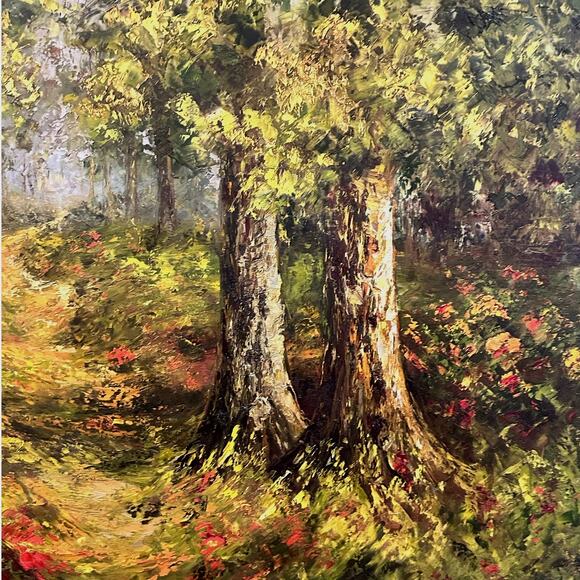 Wrought Iron Wall Hanging Hand Painted Oil Canvas Autumn Forest Scene 36” x 42” - Picture 4 of 11